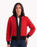 Women’s cropped boucle zip-up cardigan, red with black stand-collar trim