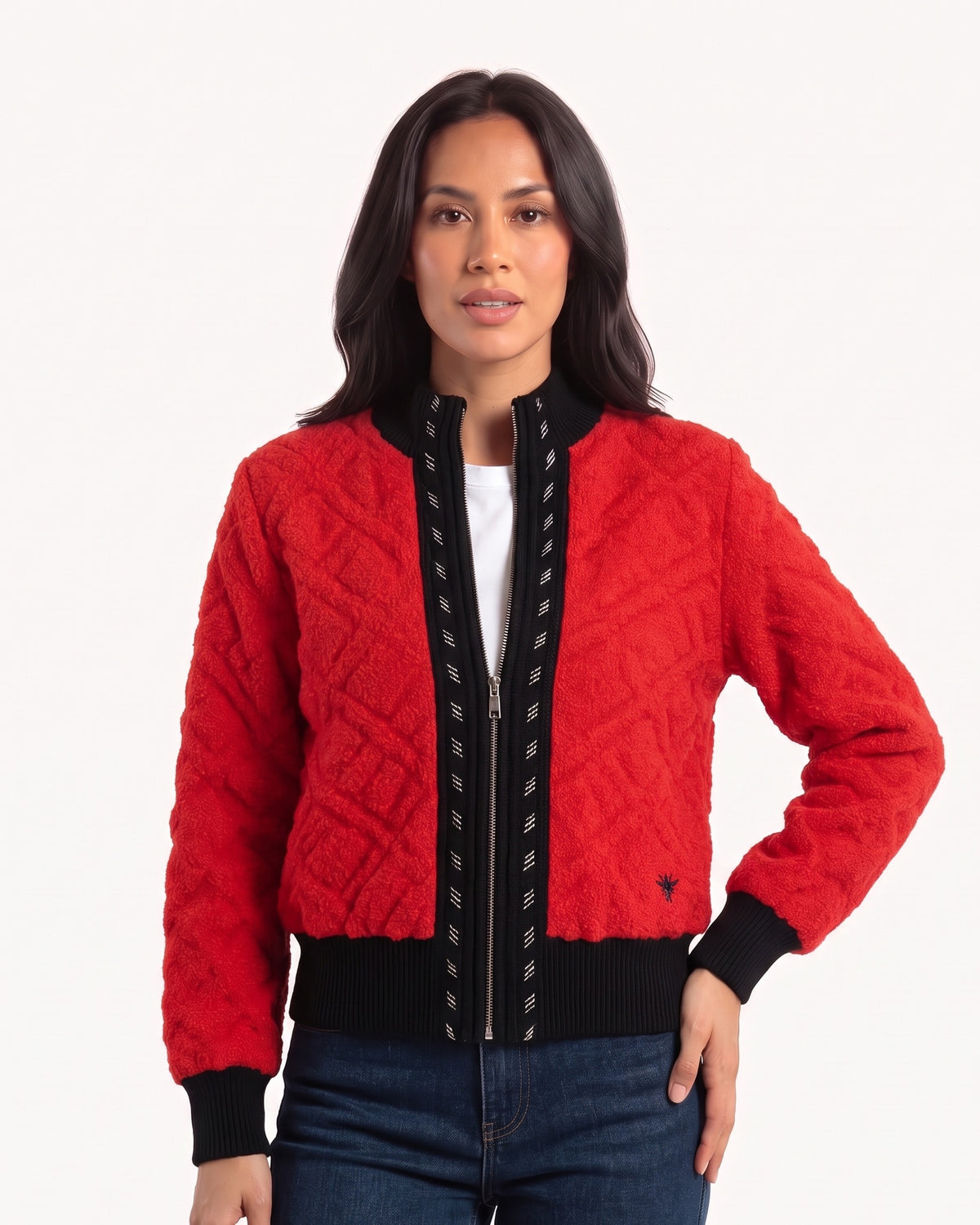 Women’s cropped boucle zip-up cardigan, red with black stand-collar trim