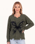 Women’s olive green mohair V-neck sweater with black butterfly motif and frayed hem