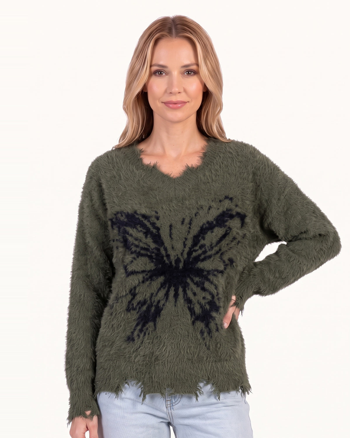 Women’s olive green mohair V-neck sweater with black butterfly motif and frayed hem