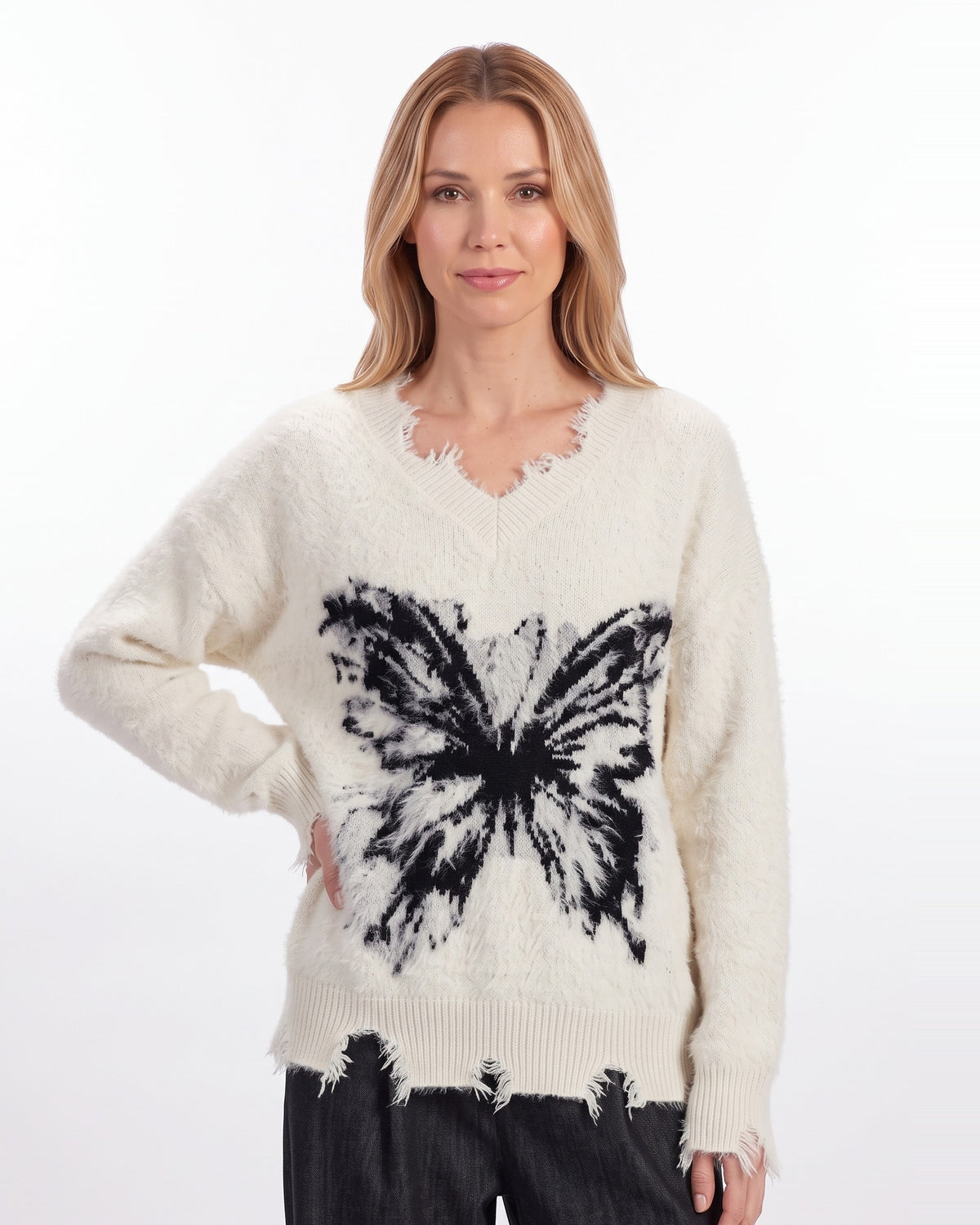 Women’s white oversized V-neck mohair sweater with black butterfly graphic and frayed trim