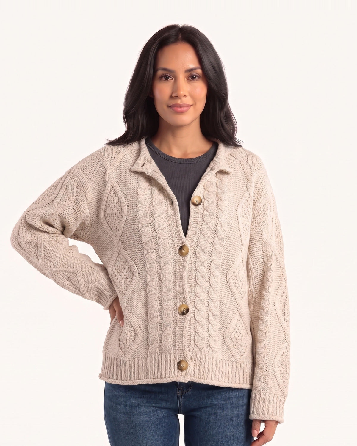 Women's cable knit cardigan sweater, cream, oversized crew neck, button front