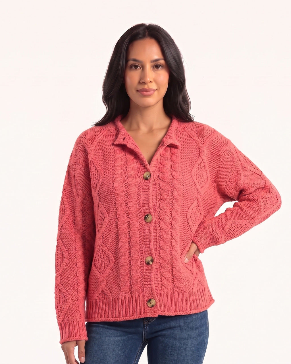 Oversized cable-knit cardigan with collared button front, coral red, long sleeves