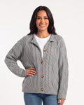 Women’s gray cable-knit crewneck cardigan with button front and ribbed cuffs