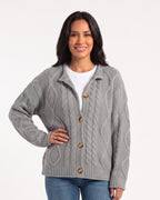Women’s gray cable-knit crewneck cardigan with button front and ribbed cuffs