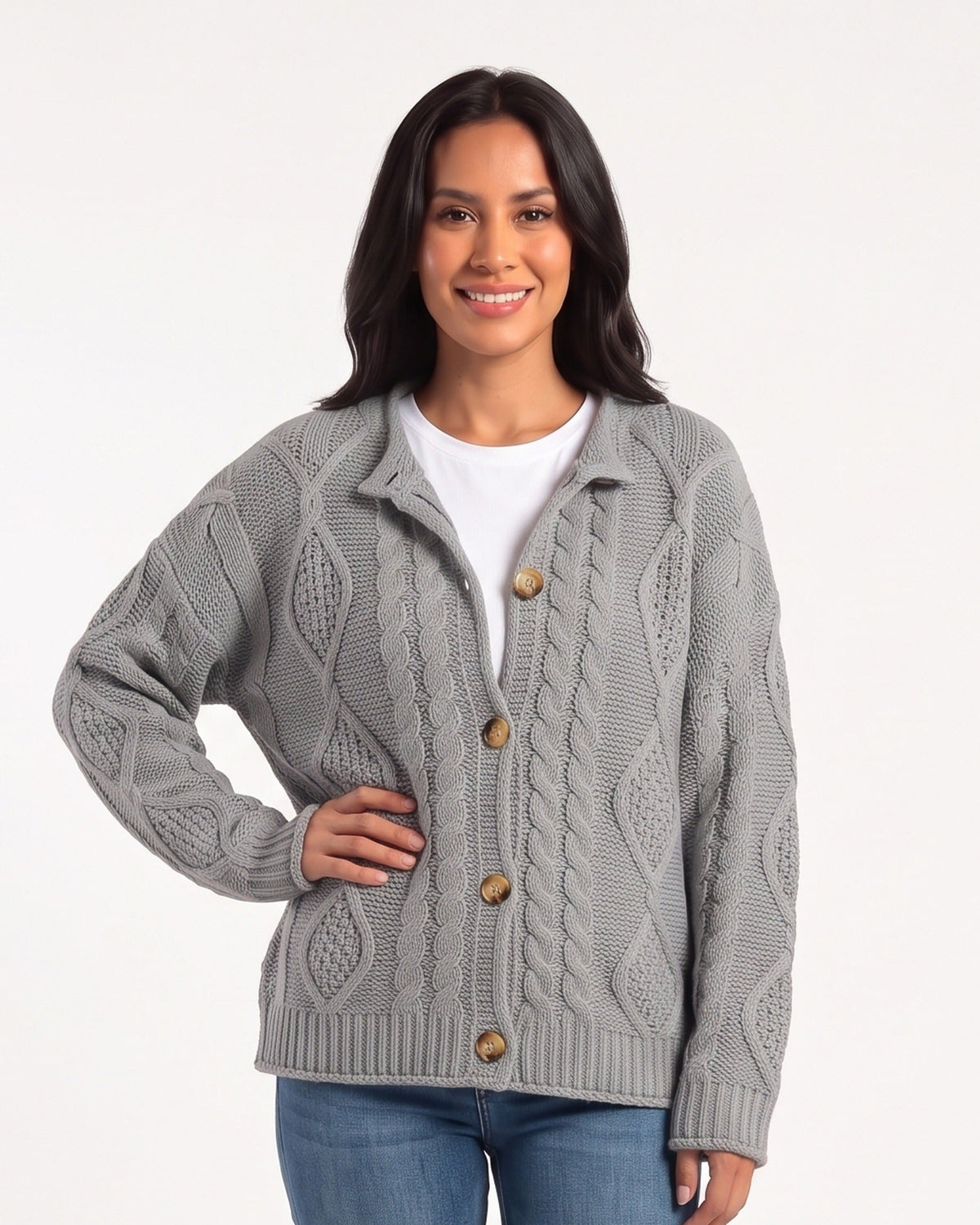 Women’s gray cable-knit crewneck cardigan with button front and ribbed cuffs