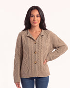 Oversized cable-knit cardigan with collared button front, light gray, long sleeves