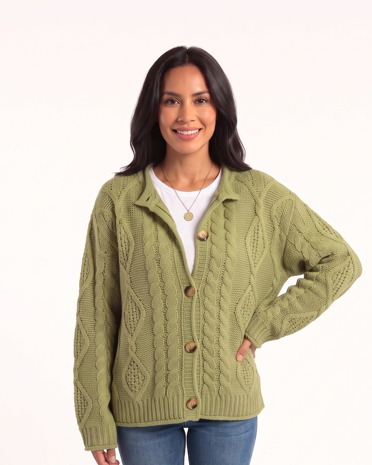 Women’s olive cable-knit crewneck cardigan with button front and ribbed cuffs
