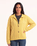 Oversized cable-knit cardigan with collared button front, mustard yellow, long sleeves