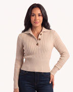 Beige cropped cable-knit polo sweater with collared placket and button detail, long sleeves