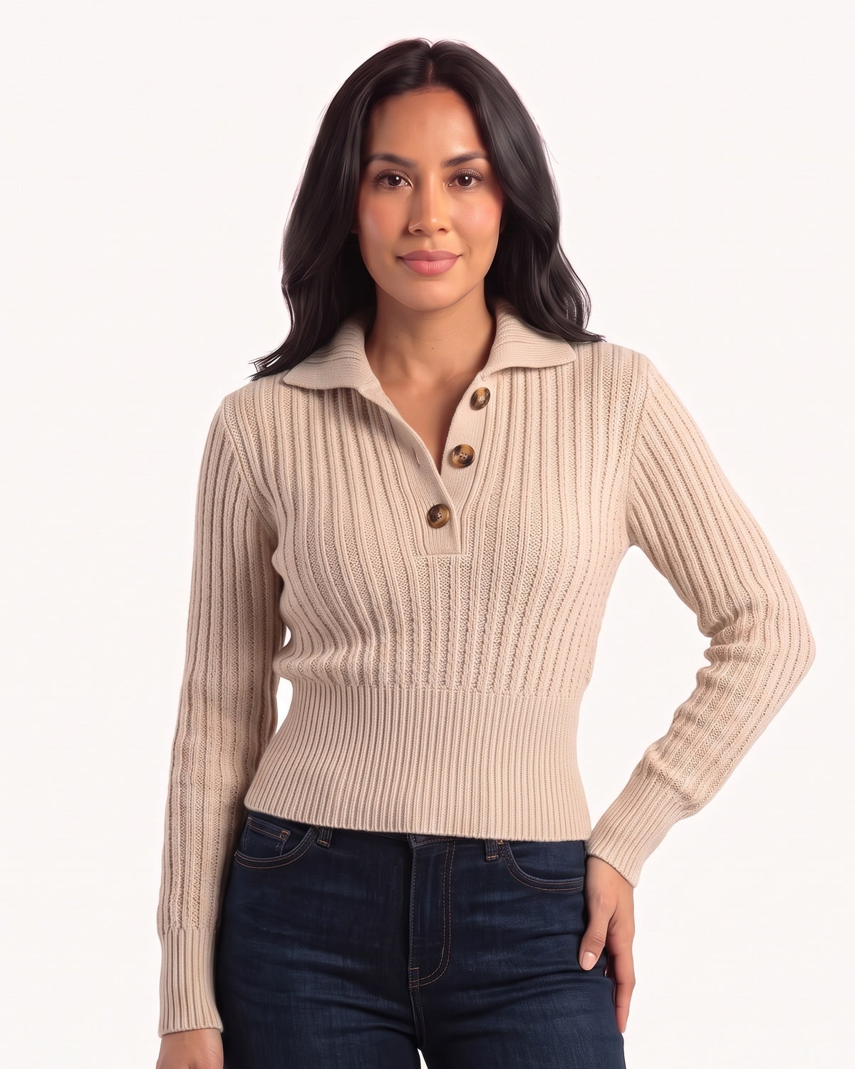 Beige cropped cable-knit polo sweater with collared placket and button detail, long sleeves