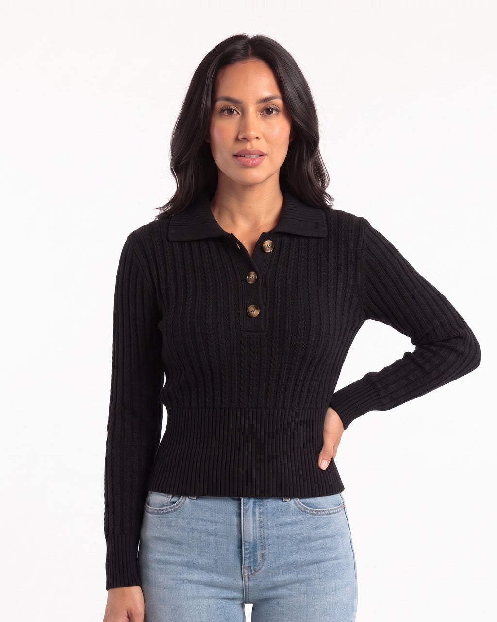 Black cropped cable-knit polo sweater with pointed collar, button placket, long sleeves