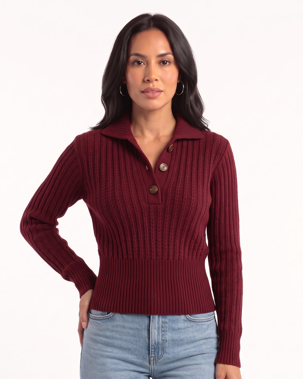 Burgundy cropped cable-knit polo sweater with collared neckline, button placket, long sleeves