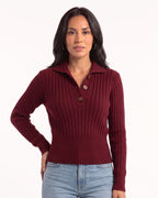 Burgundy cropped cable-knit polo sweater with collared neckline, button placket, long sleeves