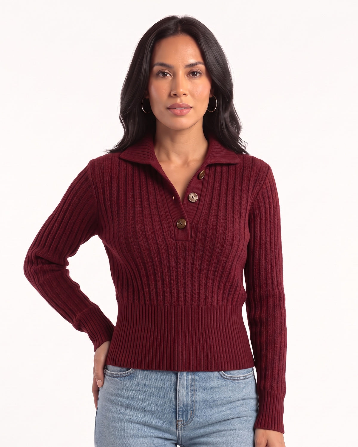 Burgundy cropped cable-knit polo sweater with collared neckline, button placket, long sleeves
