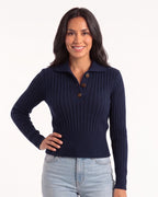 Navy cropped cable-knit polo sweater with collared neckline, button placket, long sleeves