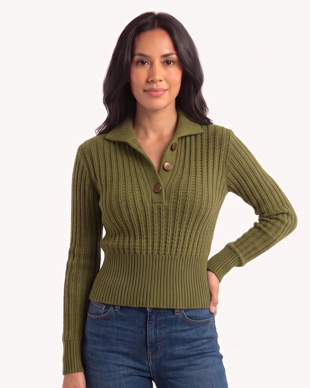 Olive cropped cable-knit polo sweater with collared neckline, button placket, long sleeves
