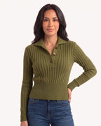 Olive cropped cable-knit polo sweater with collared neckline, button placket, long sleeves