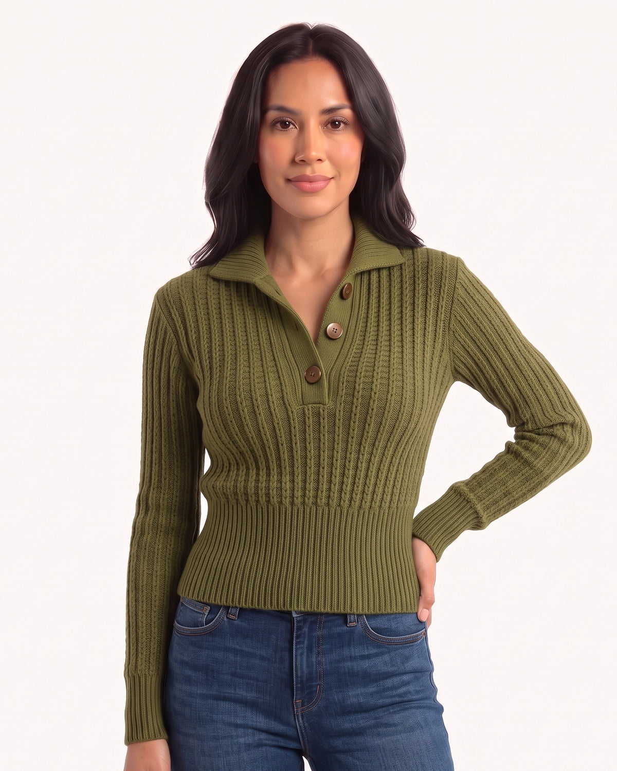 Olive cropped cable-knit polo sweater with collared neckline, button placket, long sleeves
