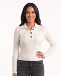 White cropped cable-knit polo sweater with collared placket and button placket