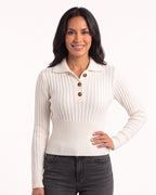 White cropped cable-knit polo sweater with collared placket and button placket