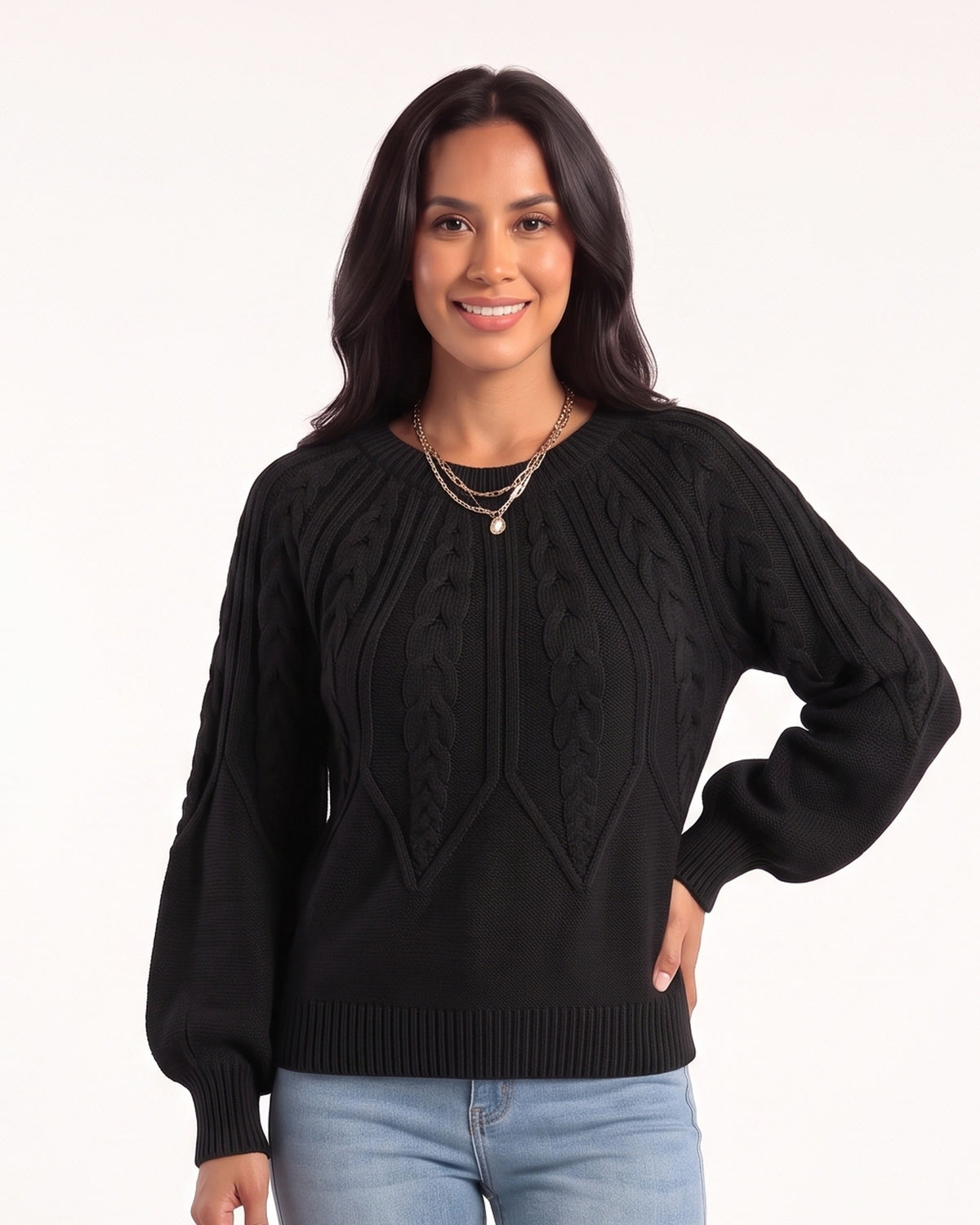 Black cable-knit sweater with a crew neck and balloon sleeves