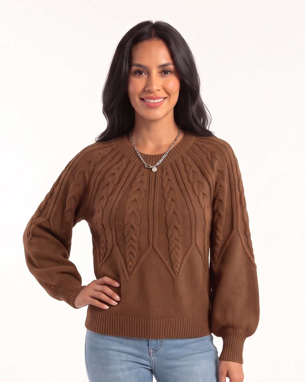 Brown cable-knit sweater with crew neck, raglan sleeves, and ribbed trim