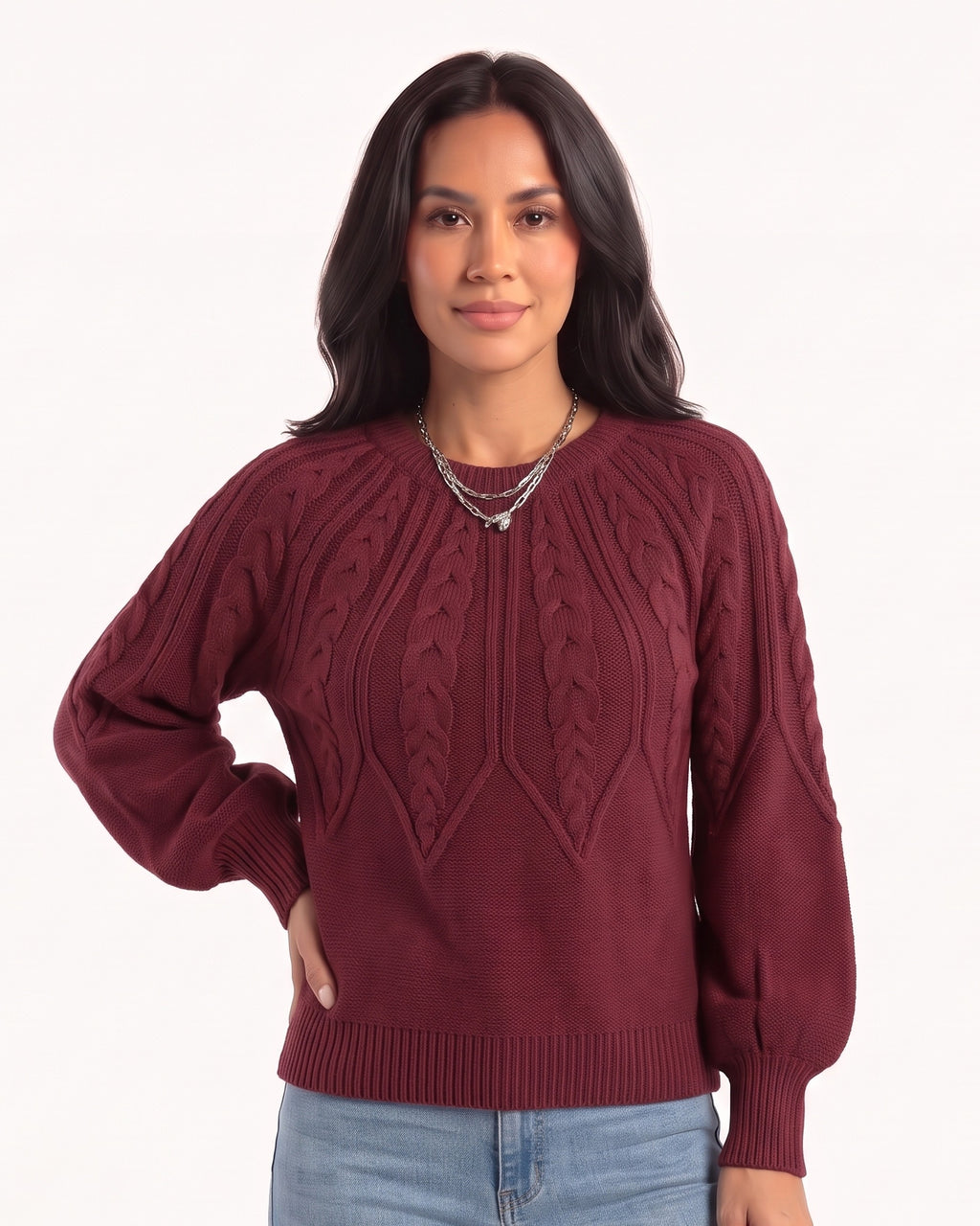 Burgundy cable knit sweater with a crew neck and balloon sleeves