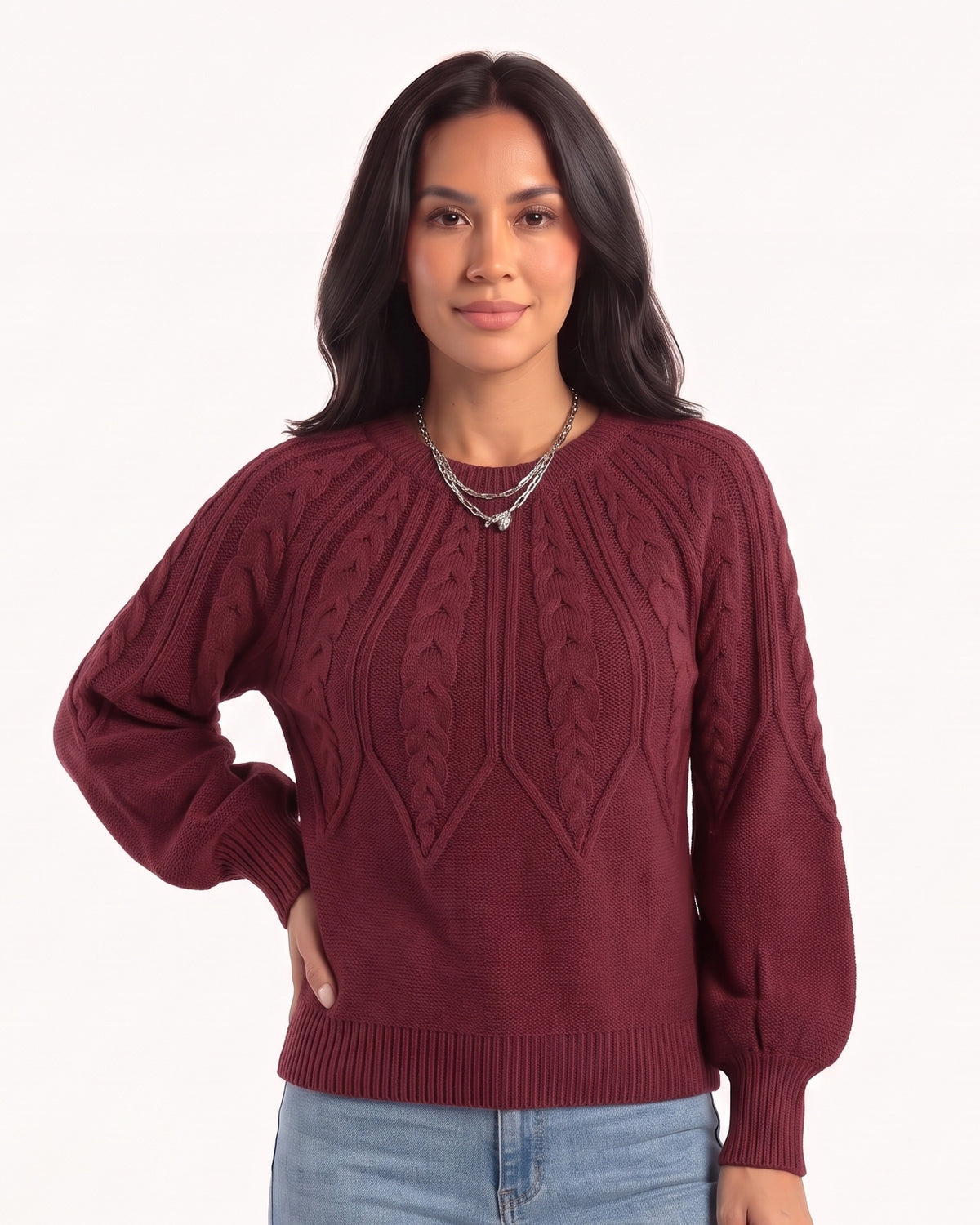Burgundy cable knit sweater with a crew neck and balloon sleeves