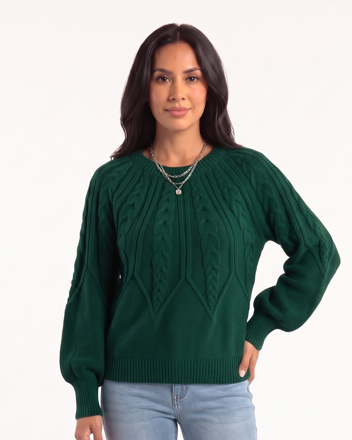 Dark green cable-knit sweater with crew neck and balloon sleeves