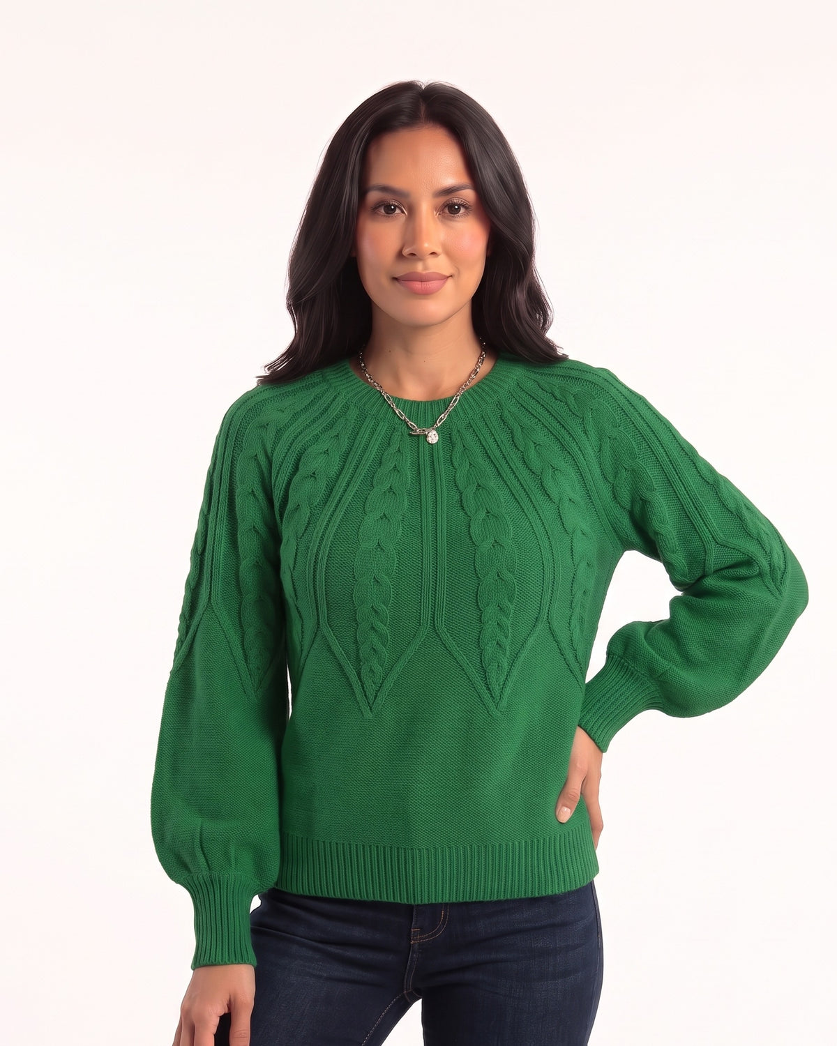 Green cable-knit sweater with crew neck, raglan sleeves, and ribbed cuffs