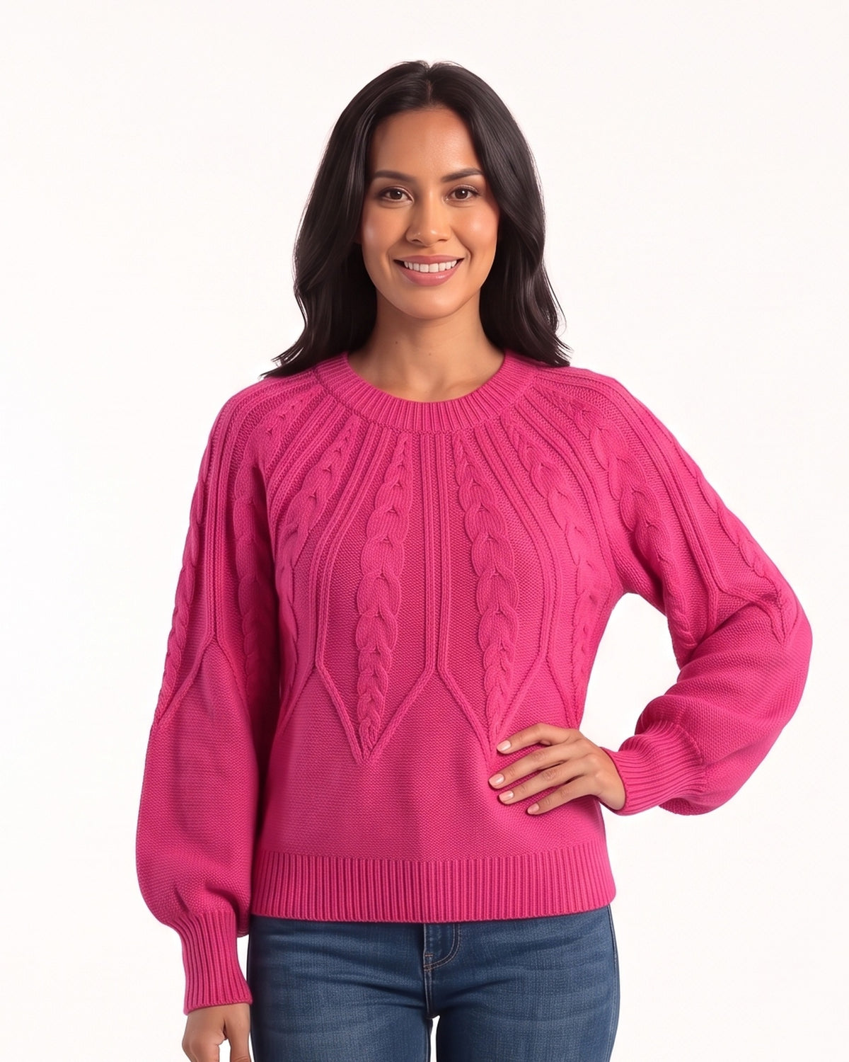 Hot pink cable-knit sweater with crew neck and balloon sleeves