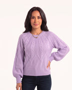 Lilac cable knit sweater with a crew neck and balloon sleeves