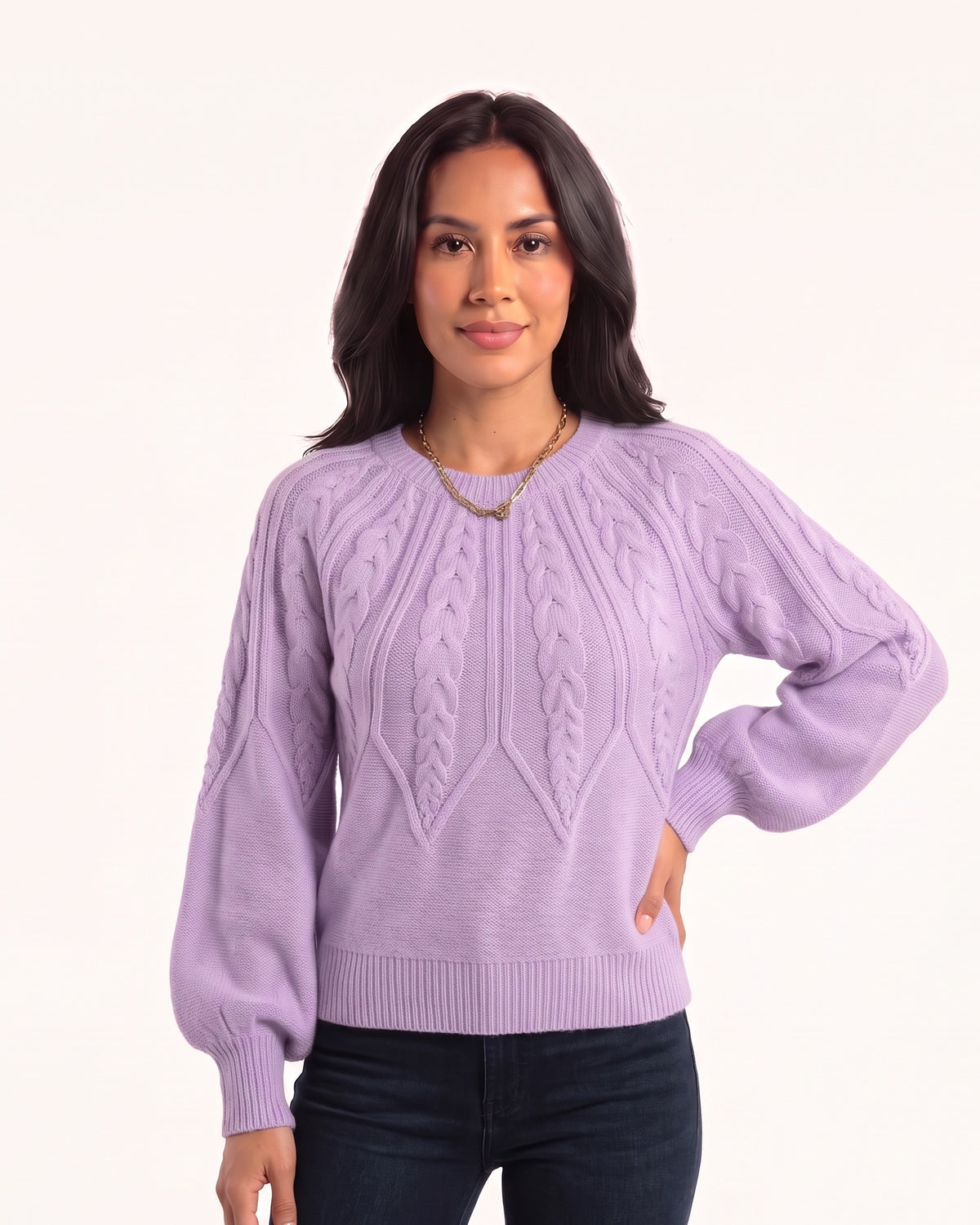 Lilac cable knit sweater with a crew neck and balloon sleeves