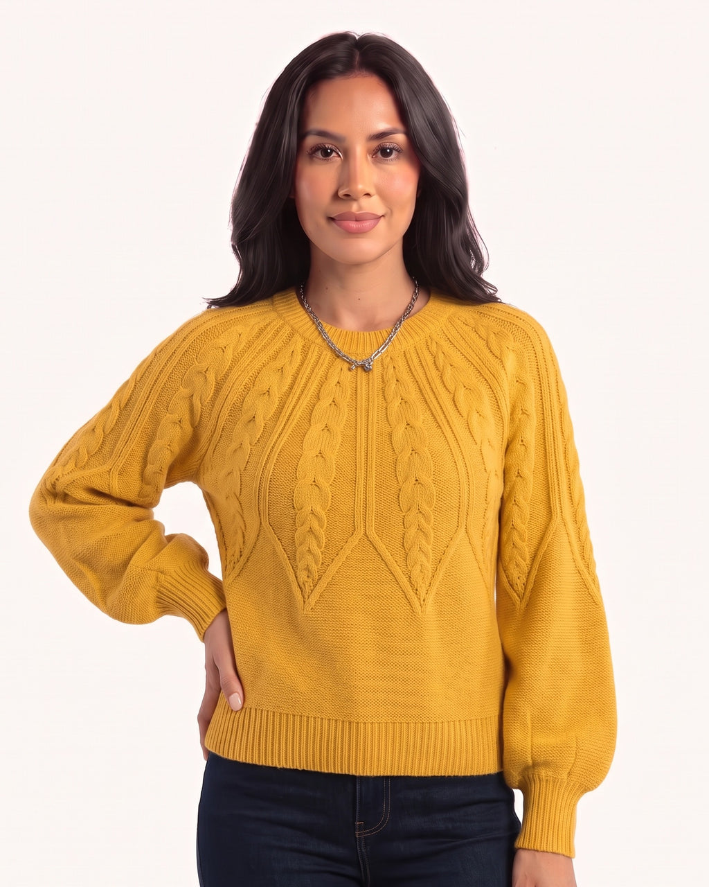 Mustard cable-knit sweater with crew neck and balloon sleeves