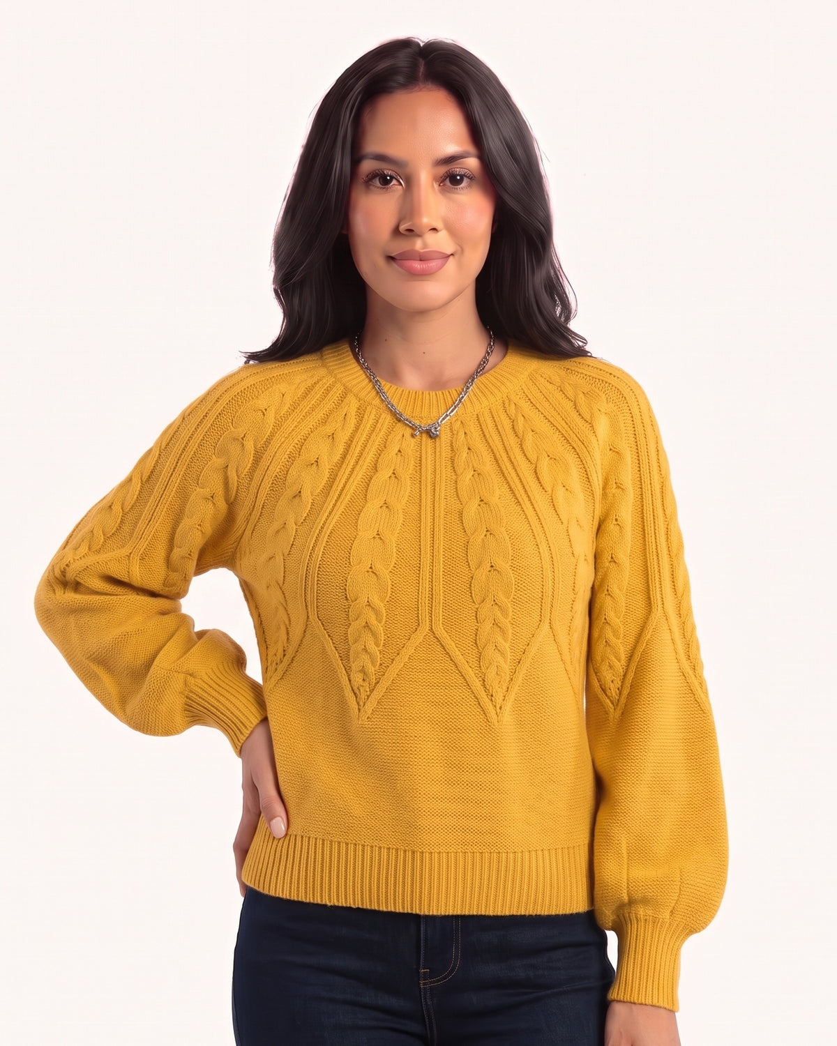 Mustard cable-knit sweater with crew neck and balloon sleeves