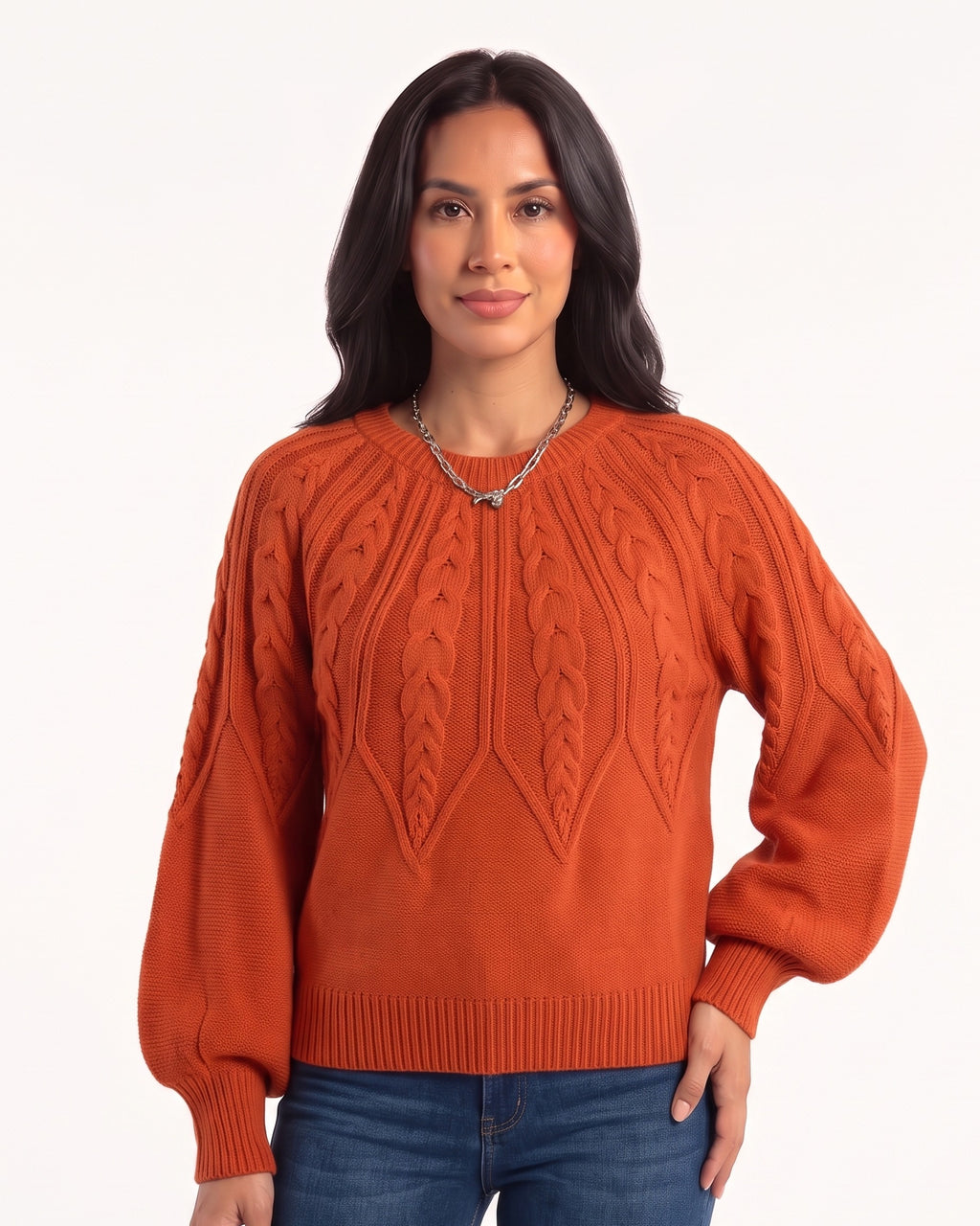 Orange cable-knit sweater with crew neck and ribbed hem and cuffs