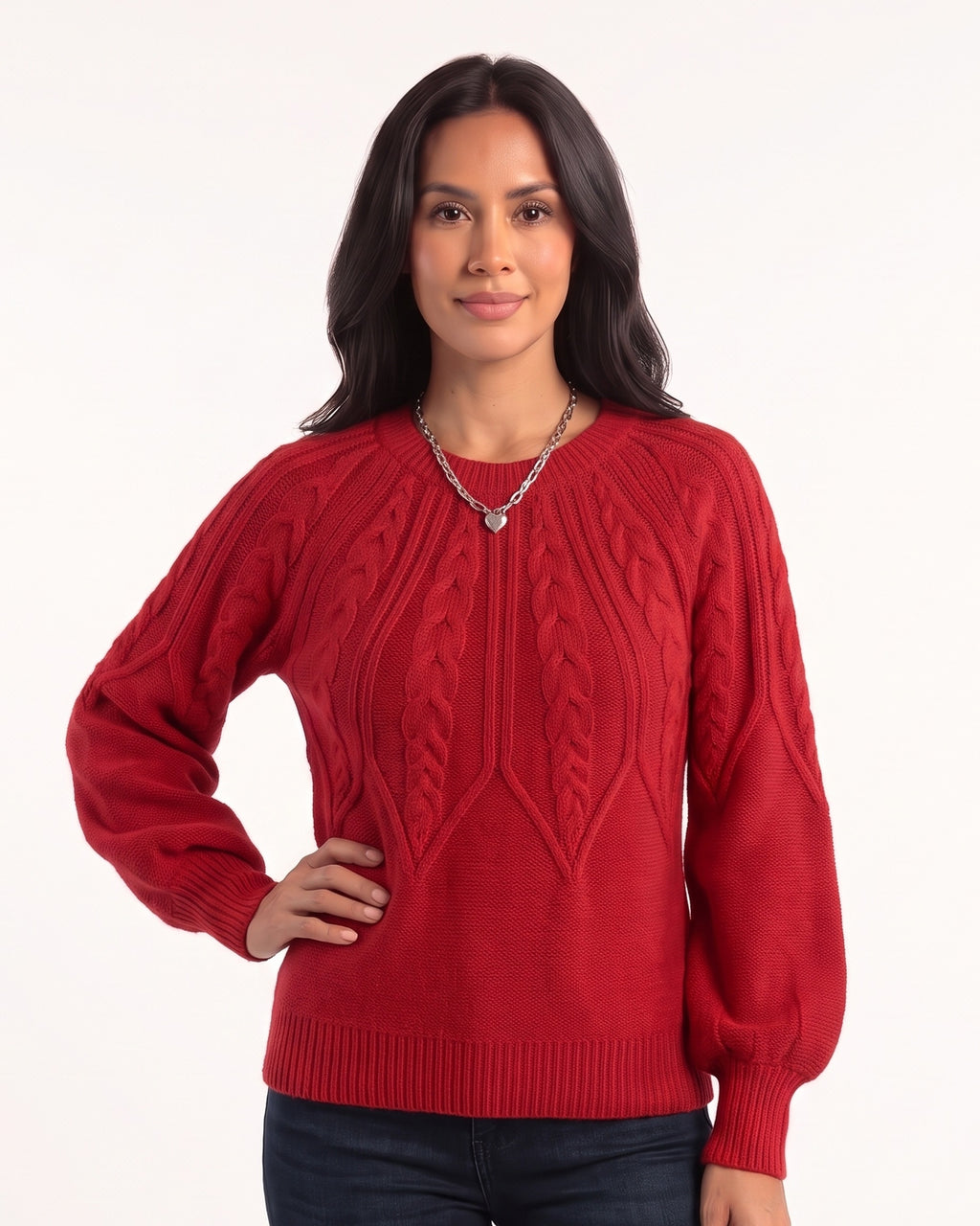 Red cable-knit sweater with crew neck and voluminous balloon sleeves