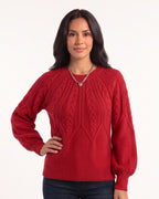 Red cable-knit sweater with crew neck and voluminous balloon sleeves