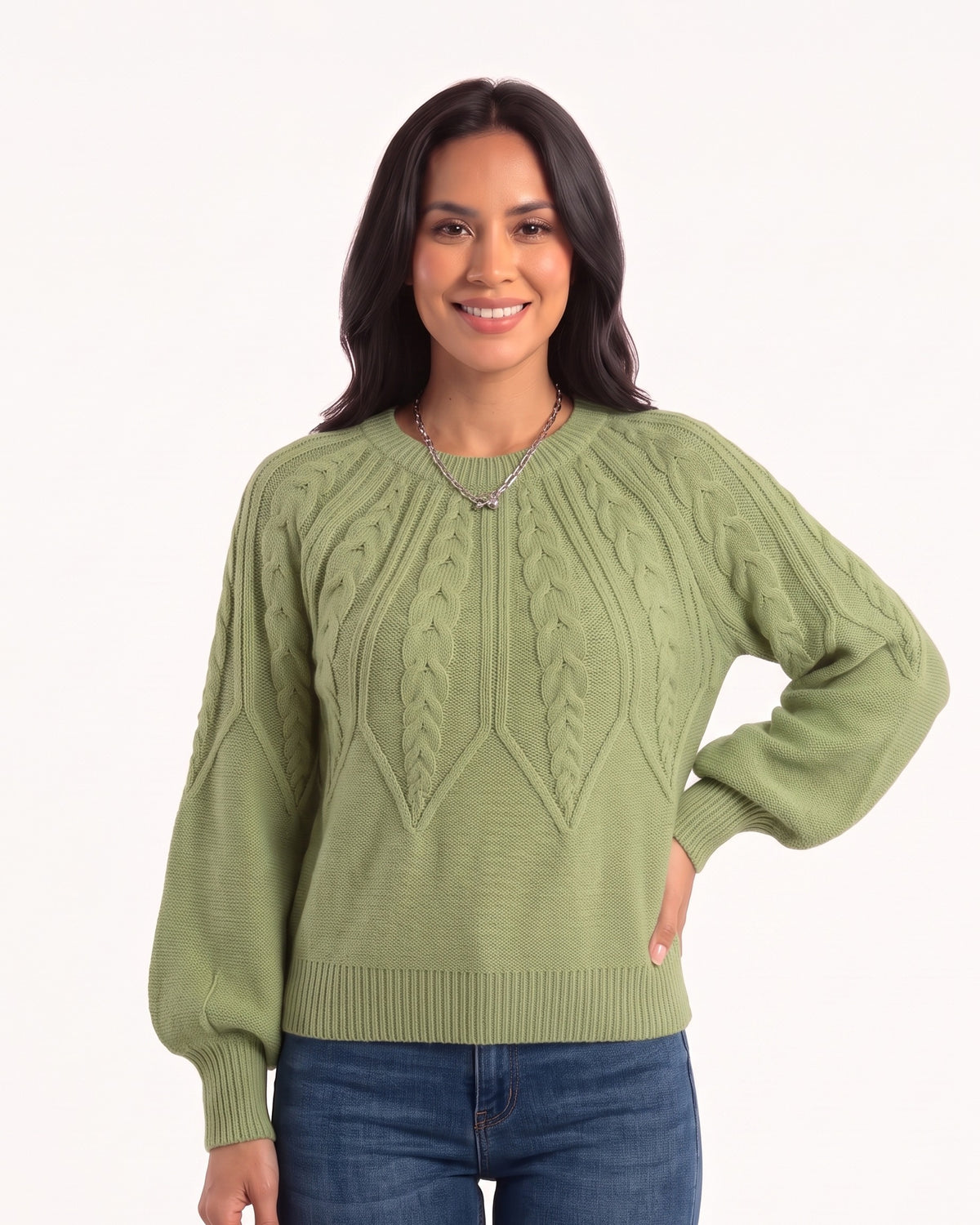 Sage green cable-knit sweater with crew neck and balloon sleeves