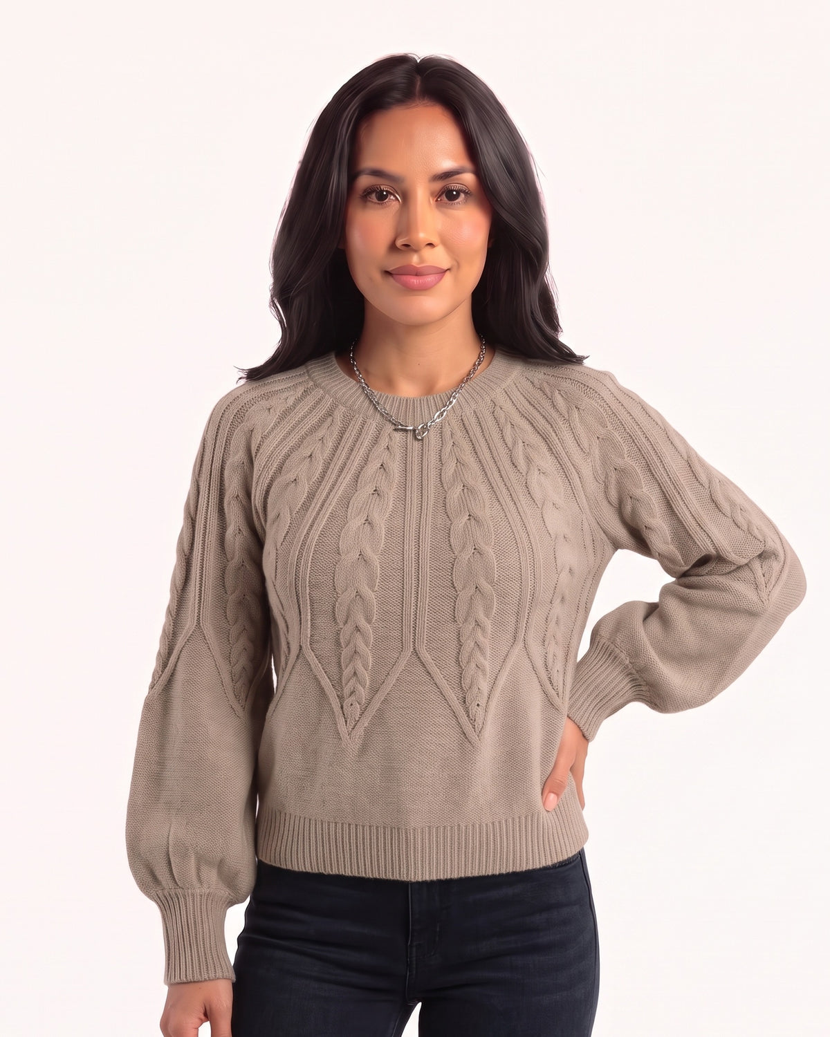 Taupe cable-knit sweater with crew neck, raglan seams, and balloon sleeves