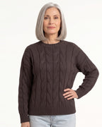 Dark brown cable-knit crew neck sweater with textured stitch pattern and ribbed hem