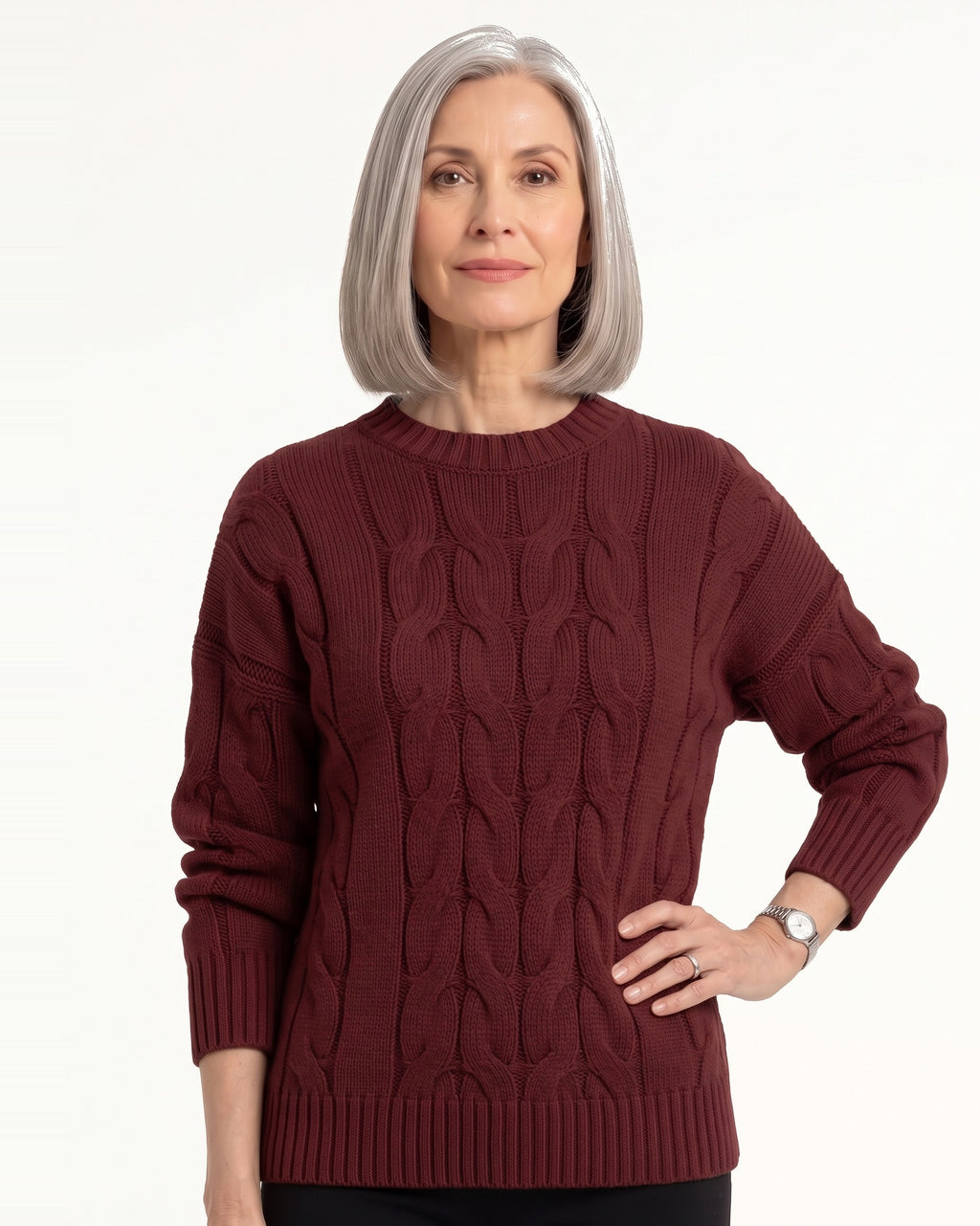 Burgundy cable-knit crew neck sweater with ribbed hem and drop shoulders