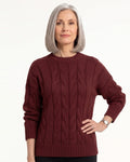 Burgundy cable-knit crew neck sweater with ribbed hem and drop shoulders