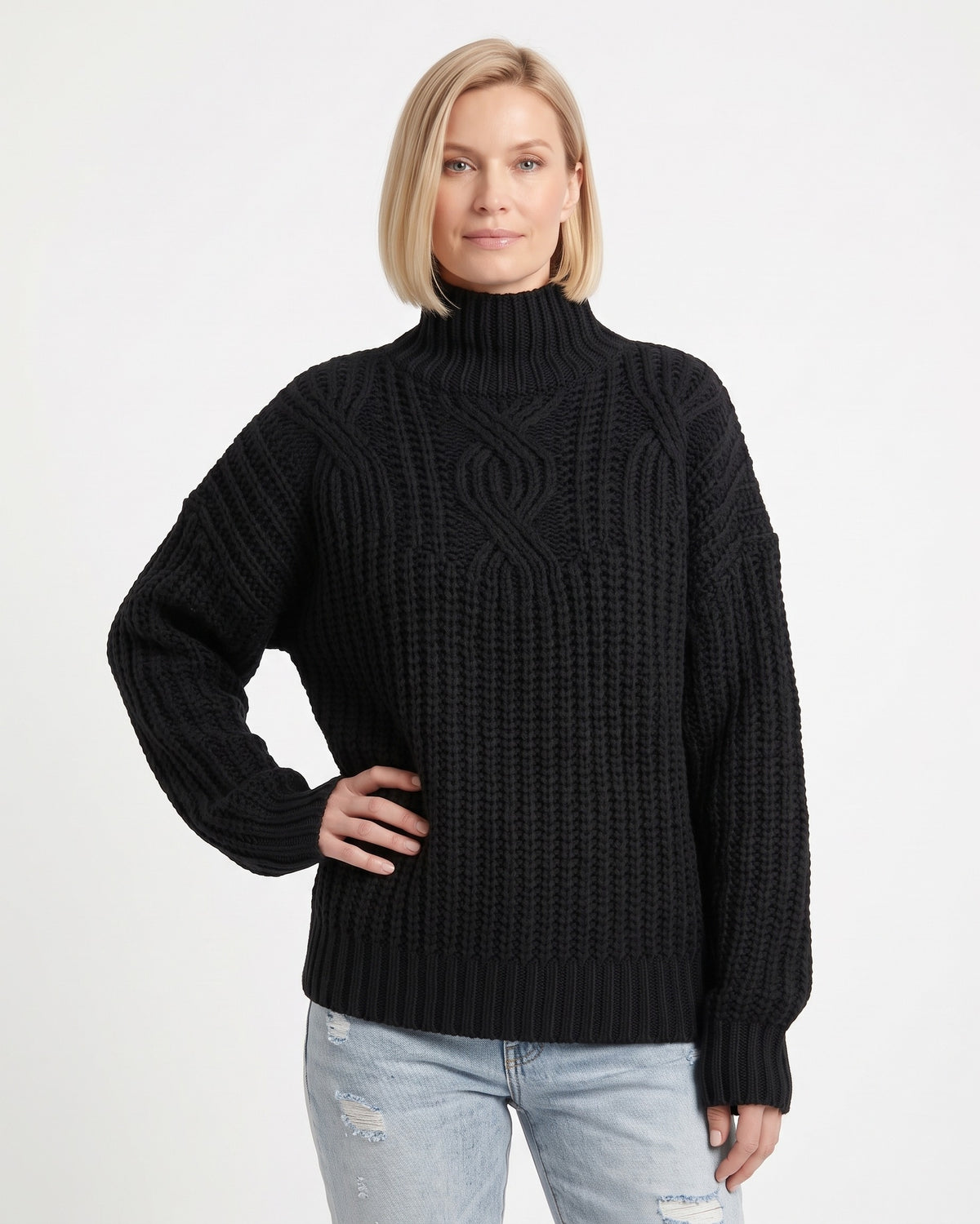 Black cable-knit turtleneck sweater, chunky oversized pullover with drop shoulders