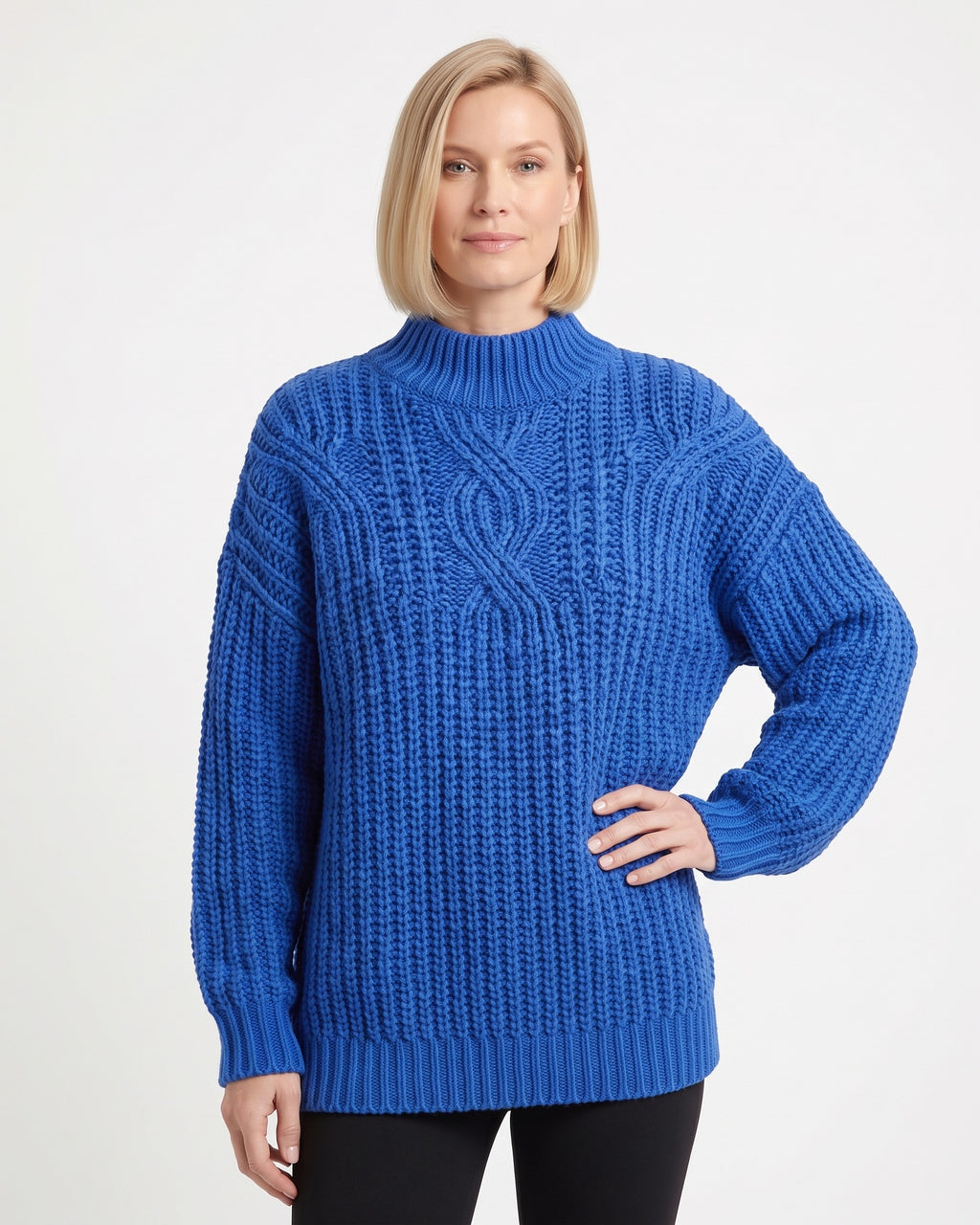 Blue cable-knit turtleneck sweater, chunky oversized pullover with drop shoulders