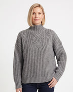 Gray cable-knit turtleneck sweater, chunky oversized pullover with drop shoulders