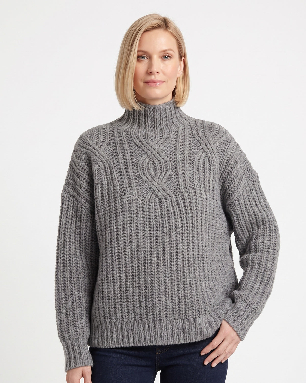 Gray cable-knit turtleneck sweater, chunky oversized pullover with drop shoulders