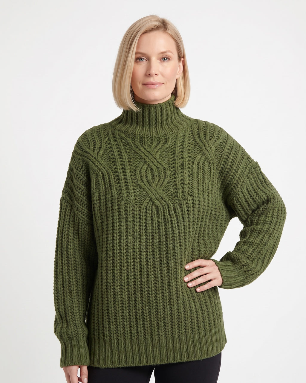 Green cable-knit turtleneck sweater, chunky oversized pullover with drop shoulders