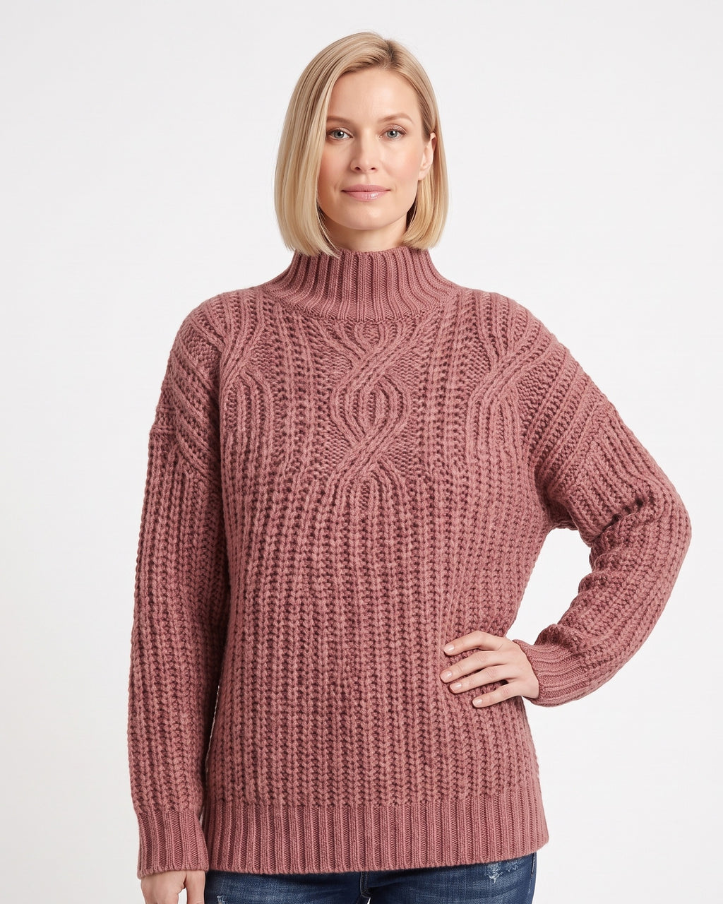Women’s chunky cable-knit turtleneck sweater, mauve, oversized with drop shoulders
